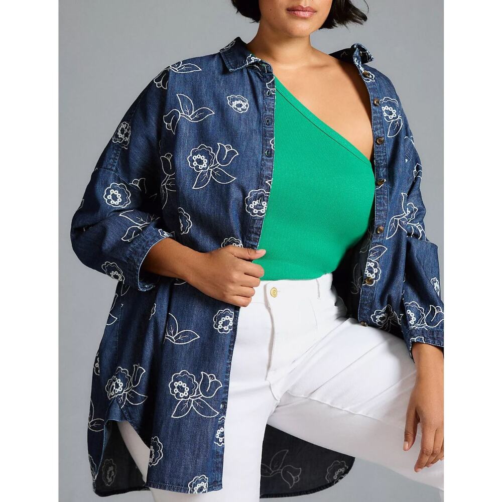 Maeve Anthropologie Oversized Denim Button Up Shirt 1X Embroidered Floral Cotton - Picture 3 of 14